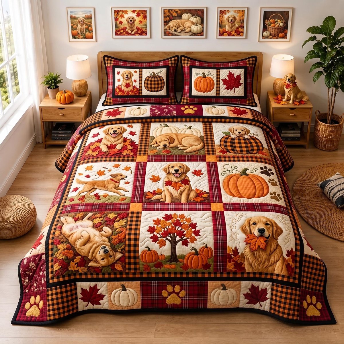 Golden Patchwork Golden Retriever 3 Piece Quilted Bedding Set Gift For Dog Lovers