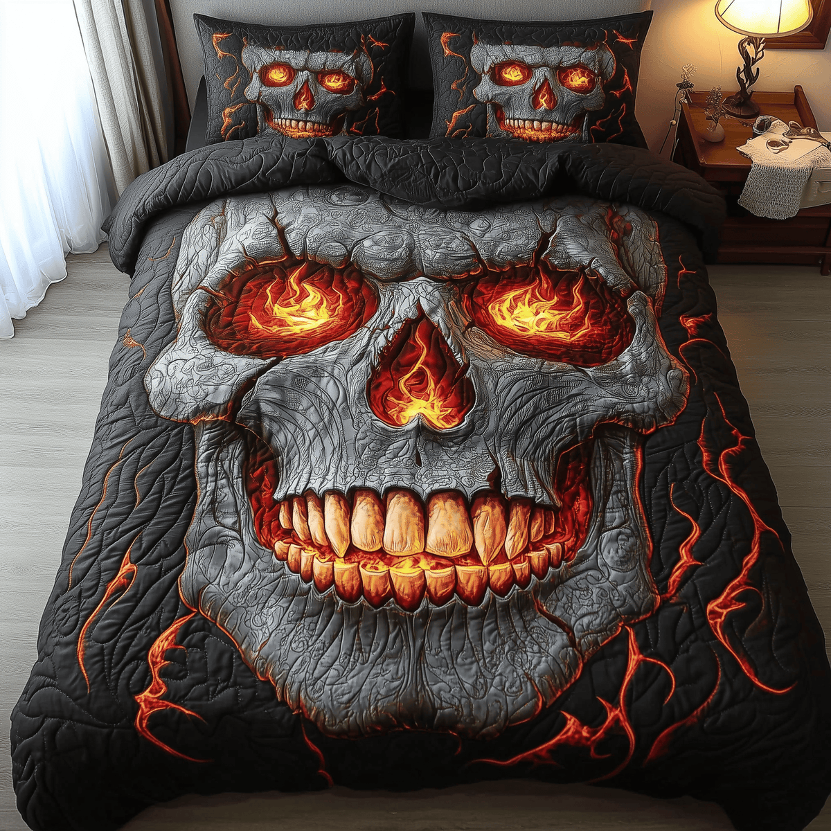 Lava Skull 3 Piece Quilted Bedding Set Gift For Gothic Decor Lovers