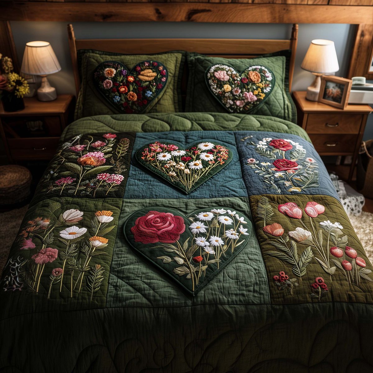Blossom Heart Patchwork 3 Piece Quilted Bedding Set Gift For Flower Lovers