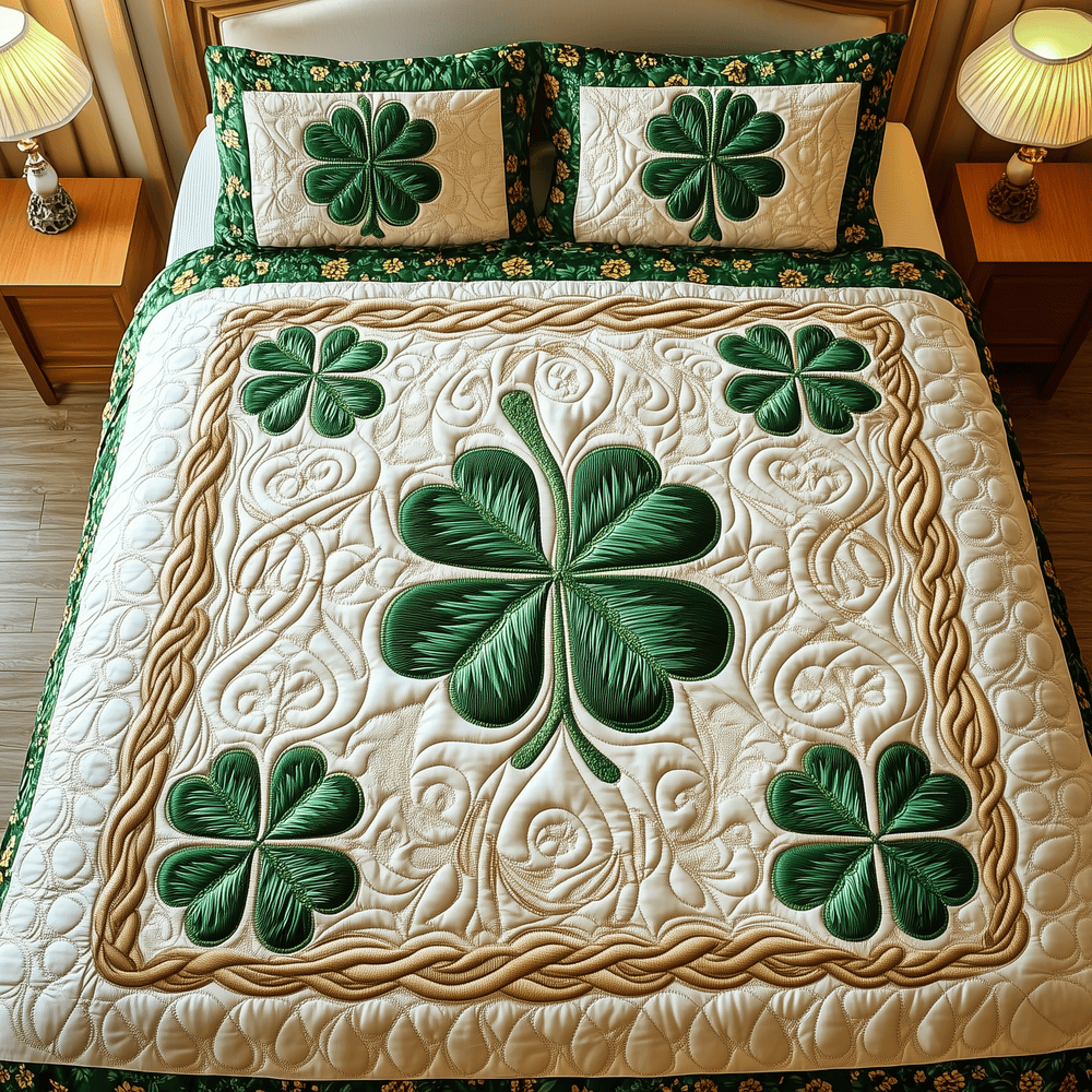 Irish Shamrock 3 Piece Quilted Bedding Set Gift For Home Decor Lovers