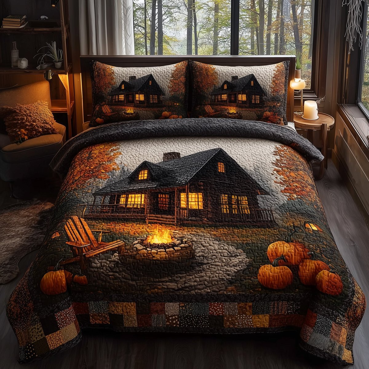 Autumn Cabin 3 Piece Quilted Bedding Set Gift For Campers