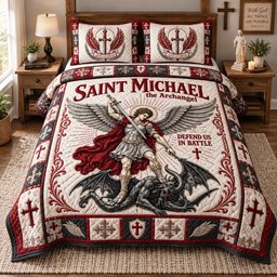 Saint Michael Defender 3 Piece Quilted Bedding Set Gift For Christians