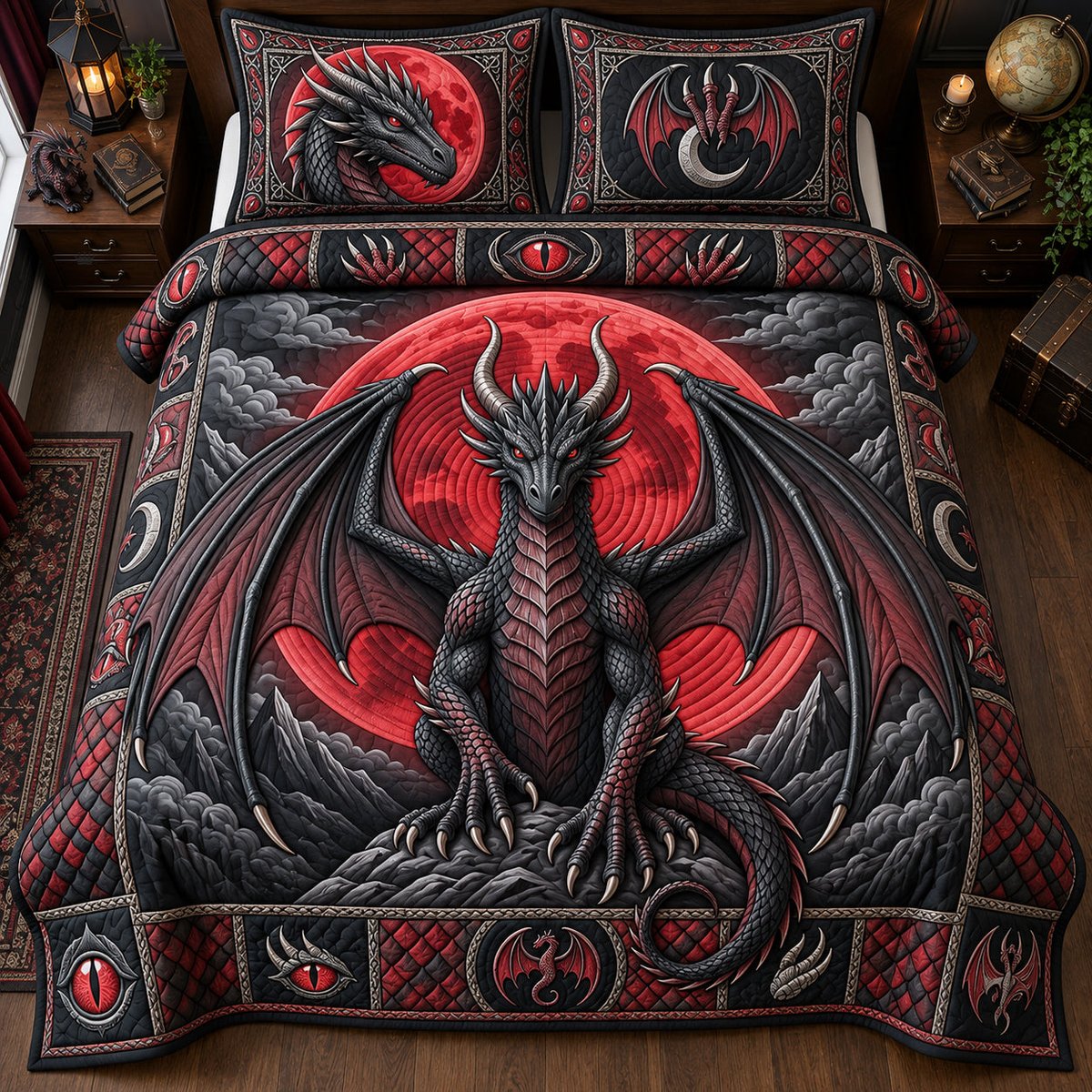 Blood Moon Dragon 3 Piece Quilted Bedding Set Gift For Fantasy Lovers