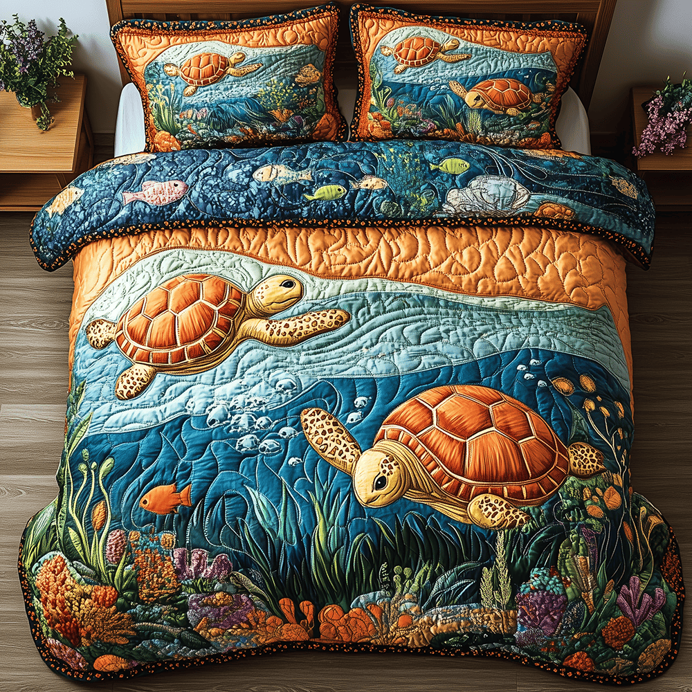 Turtle 3 Piece Quilted Bedding Set Gift For Turtle Lovers
