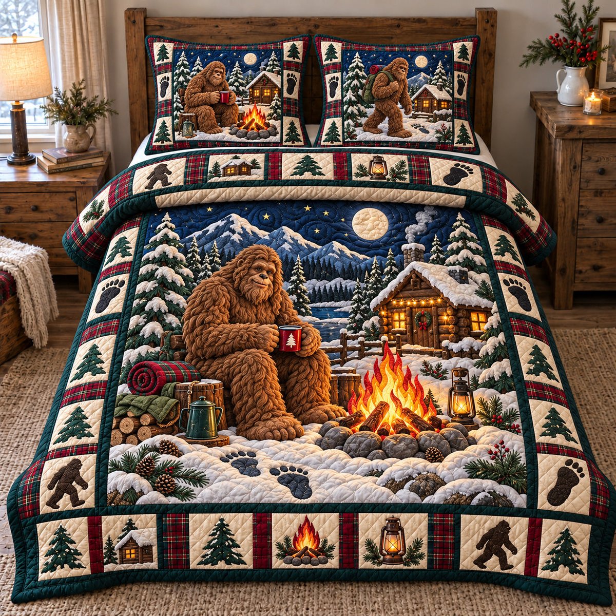 Cozy Bigfoot Campfire 3 Piece Quilted Bedding Set Gift For Nature Lovers