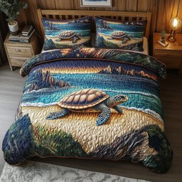 Turtle Sunset Walk 3 Piece Quilted Bedding Set Gift For Turtle Lovers