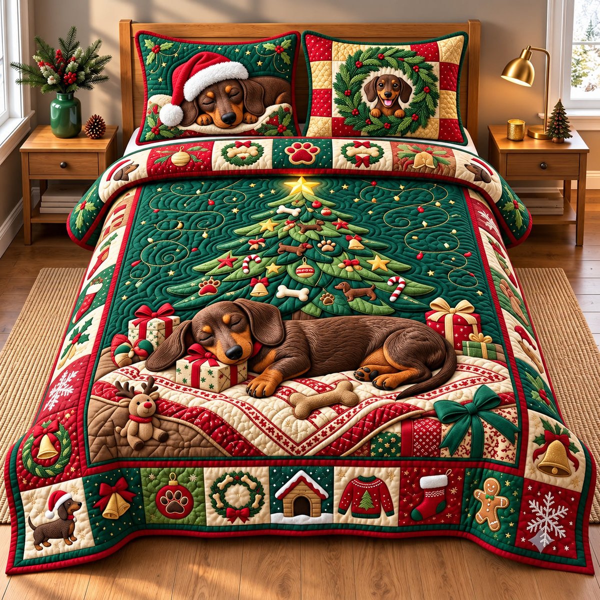 Sleeping Weenie Dog 3 Piece Quilted Bedding Set Gift For Dog Lovers
