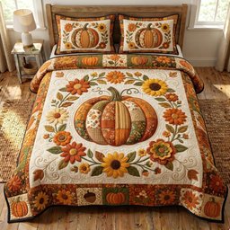 Pumpkin Patch 3 Piece Quilted Bedding Set Gift For Farmhouse Decor Lovers