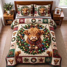 Highland 3 Piece Quilted Bedding Set Christmas Gift For Cow Lovers