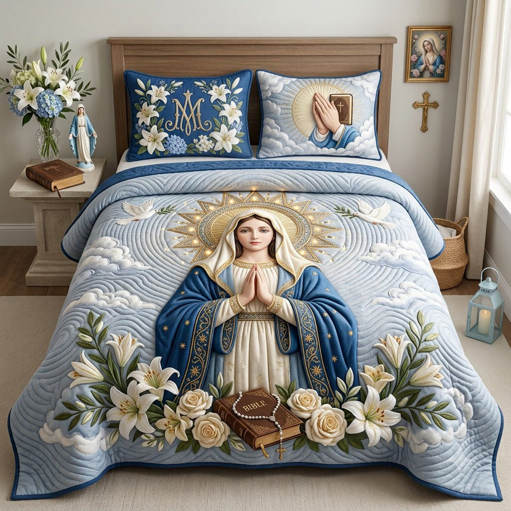 Virgin Mary 3 Piece Quilted Bedding Set Gift For Christians