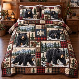 Forest Black Bear Patchwork 3 Piece Quilted Bedding Set Gift For Bear Lovers