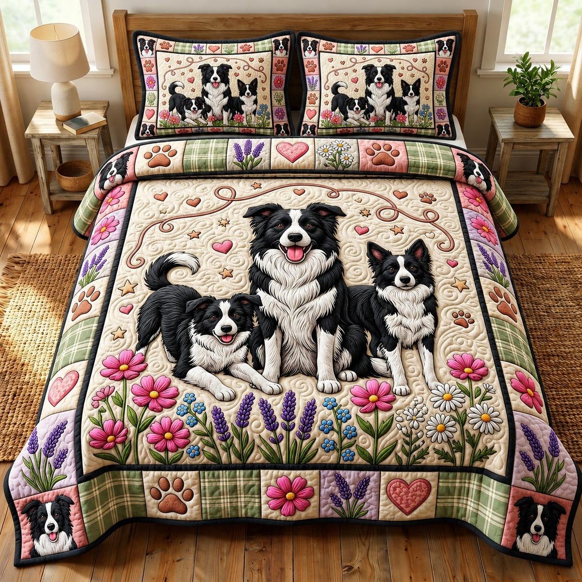 Border Collie 3 Piece Quilted Bedding Set Gift For Dog Lovers