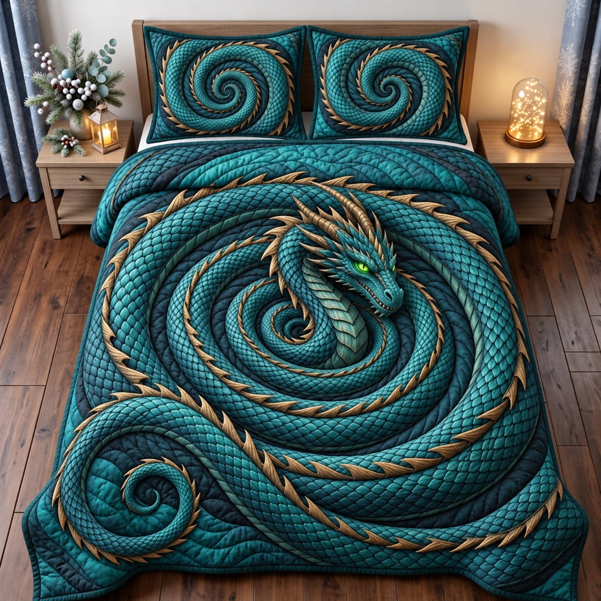 Serpent Dragon Votex 3 Piece Quilted Bedding Set Gift For Fantasy Lovers
