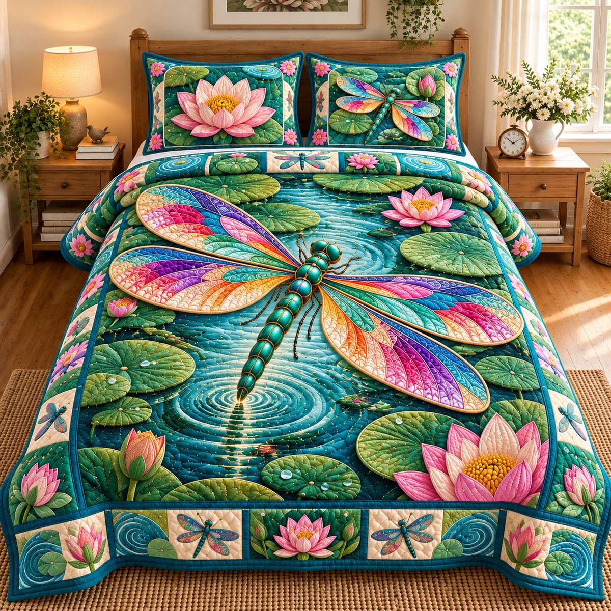 Dragonfly Nature Harmony 3 Piece Quilted Bedding Set Gift For Butterfly Lovers