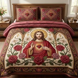 Rose Sacred Heart Christian 3 Piece Quilted Bedding Set Gift For Flower Lovers