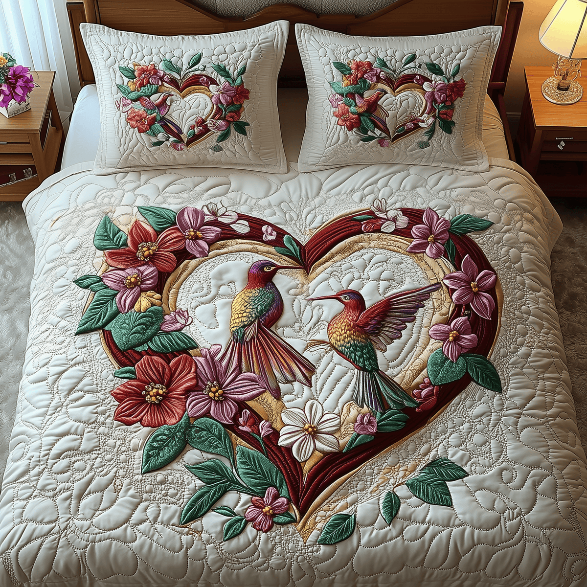 Hummingbird Love 3 Piece Quilted Bedding Set Gift For Bird Lovers