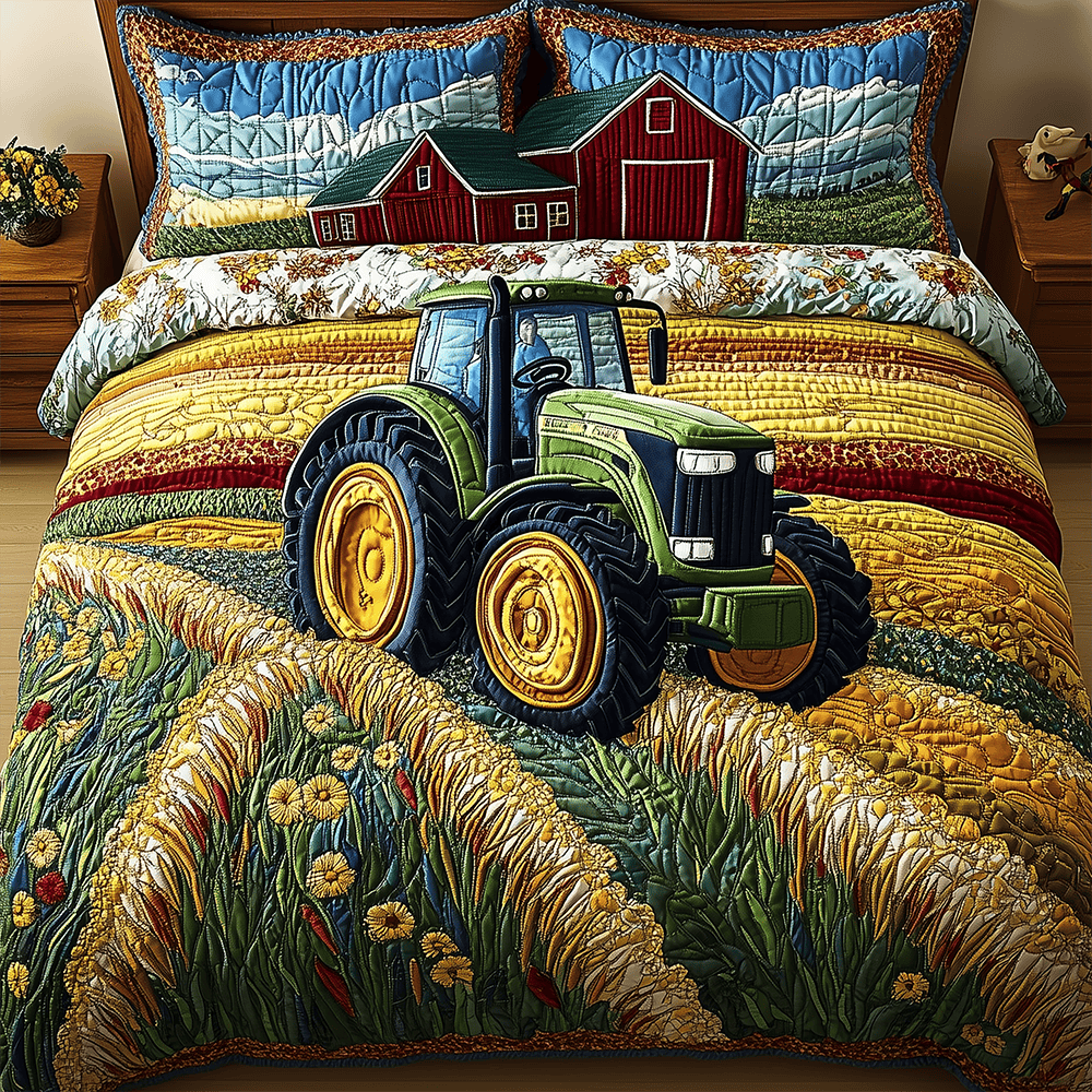 Tractor 3 Piece Quilted Bedding Set Gift For Farmhouse Decor Lovers