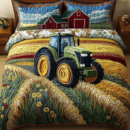 Tractor 3 Piece Quilted Bedding Set Gift For Farmhouse Decor Lovers