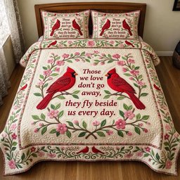 Red Cardinal 3 Piece Quilted Bedding Set Gift For Bird Lovers