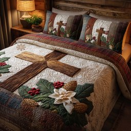 Cross 3 Piece Quilted Bedding Set Gift For Christians