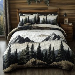 Peaceful Mountain Forest 3 Piece Quilted Bedding Set Gift For Nature Lovers