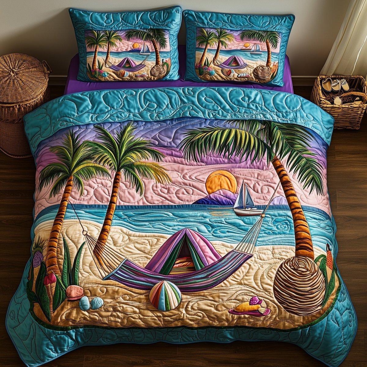 Tropical Beach Vibe 3 Piece Quilted Bedding Set Gift For Beach Lovers