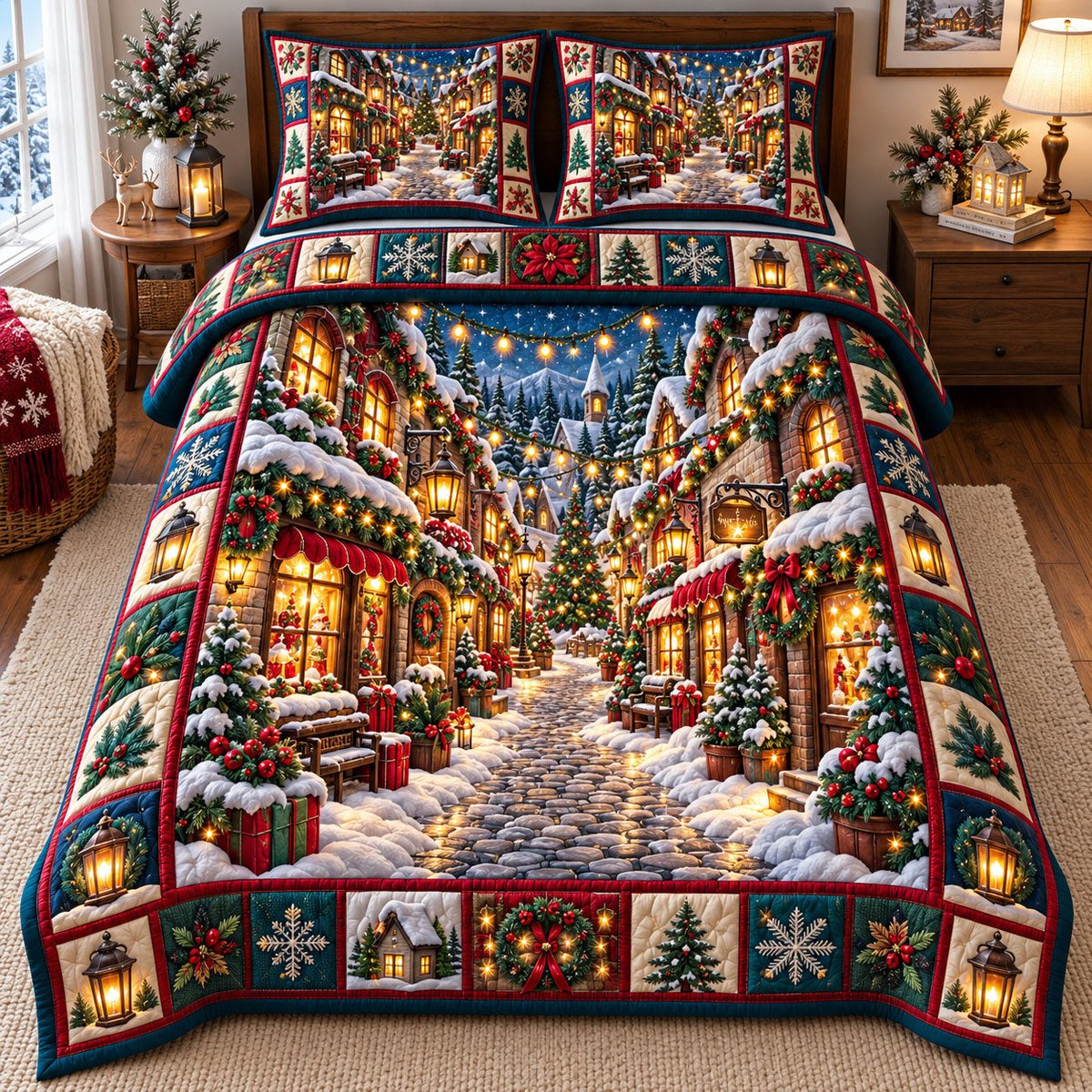Village 3 Piece Quilted Bedding Set Christmas Gift For Holiday Decor Lovers
