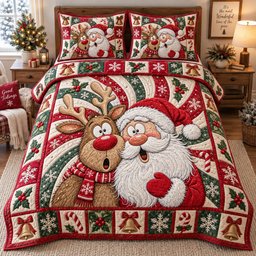 Jolly Santa Reindeer 3 Piece Quilted Bedding Set Christmas Gift For Holiday Decor Lovers