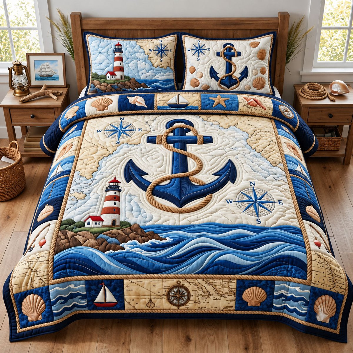 Anchor Coastal Map Beach 3 Piece Quilted Bedding Set Gift For Beach Lovers