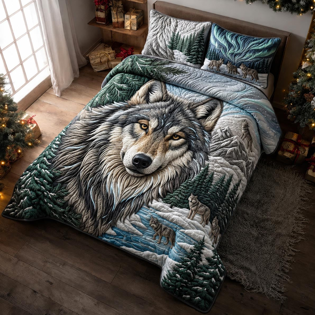 Lone Wolf 3 Piece Quilted Bedding Set Gift For Wolf Lovers