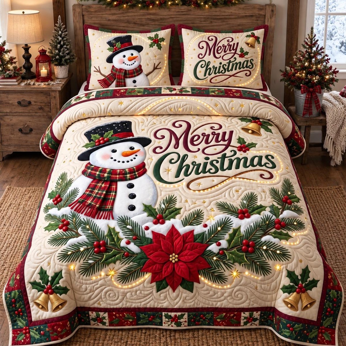 Poinsettia Snowman 3 Piece Quilted Bedding Set Christmas Gift For Holiday Decor Lovers