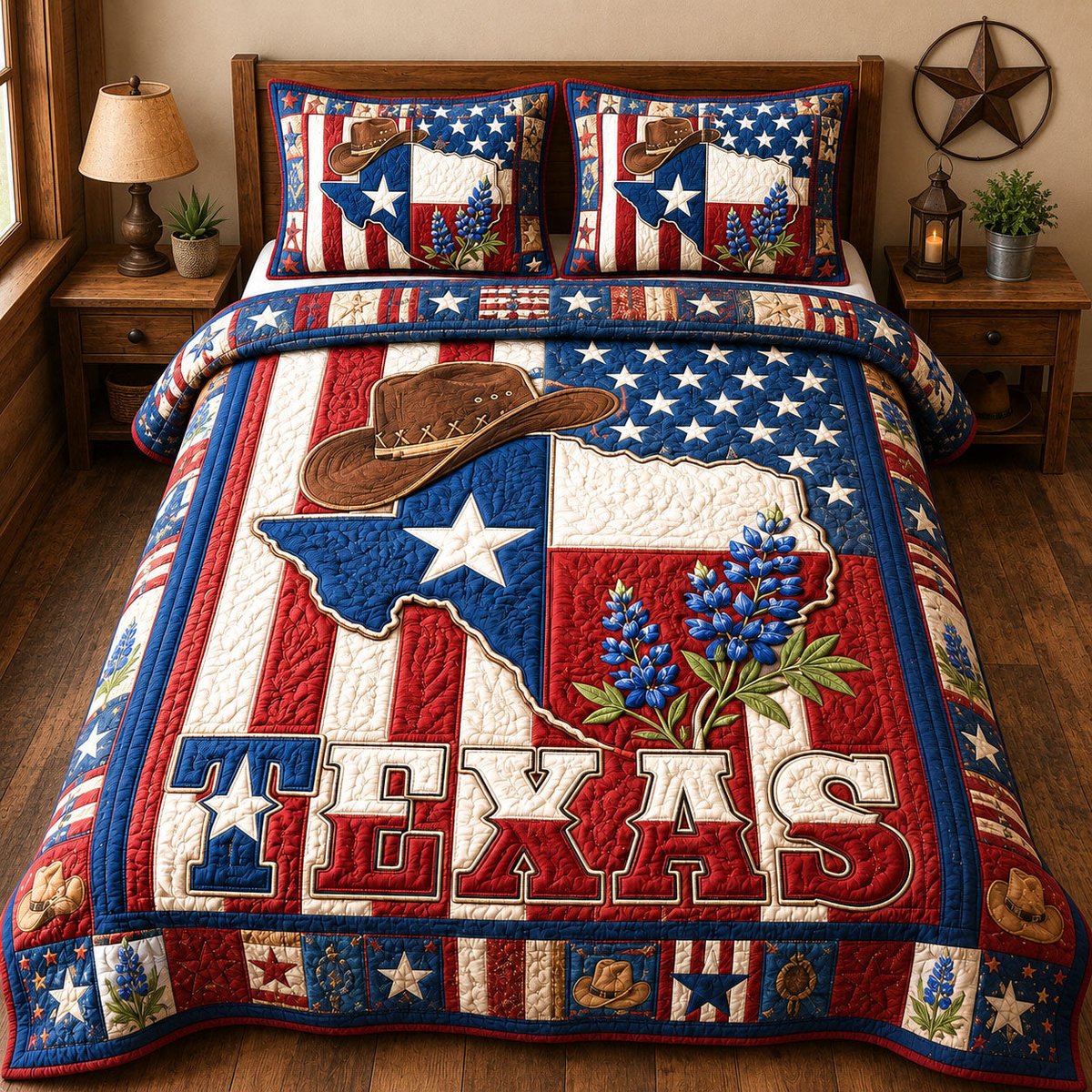 Patriotic Texas Bluebonnet 3 Piece Quilted Bedding Set Gift For Western Lovers