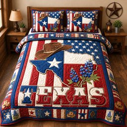 Patriotic Texas Bluebonnet 3 Piece Quilted Bedding Set Gift For Western Lovers