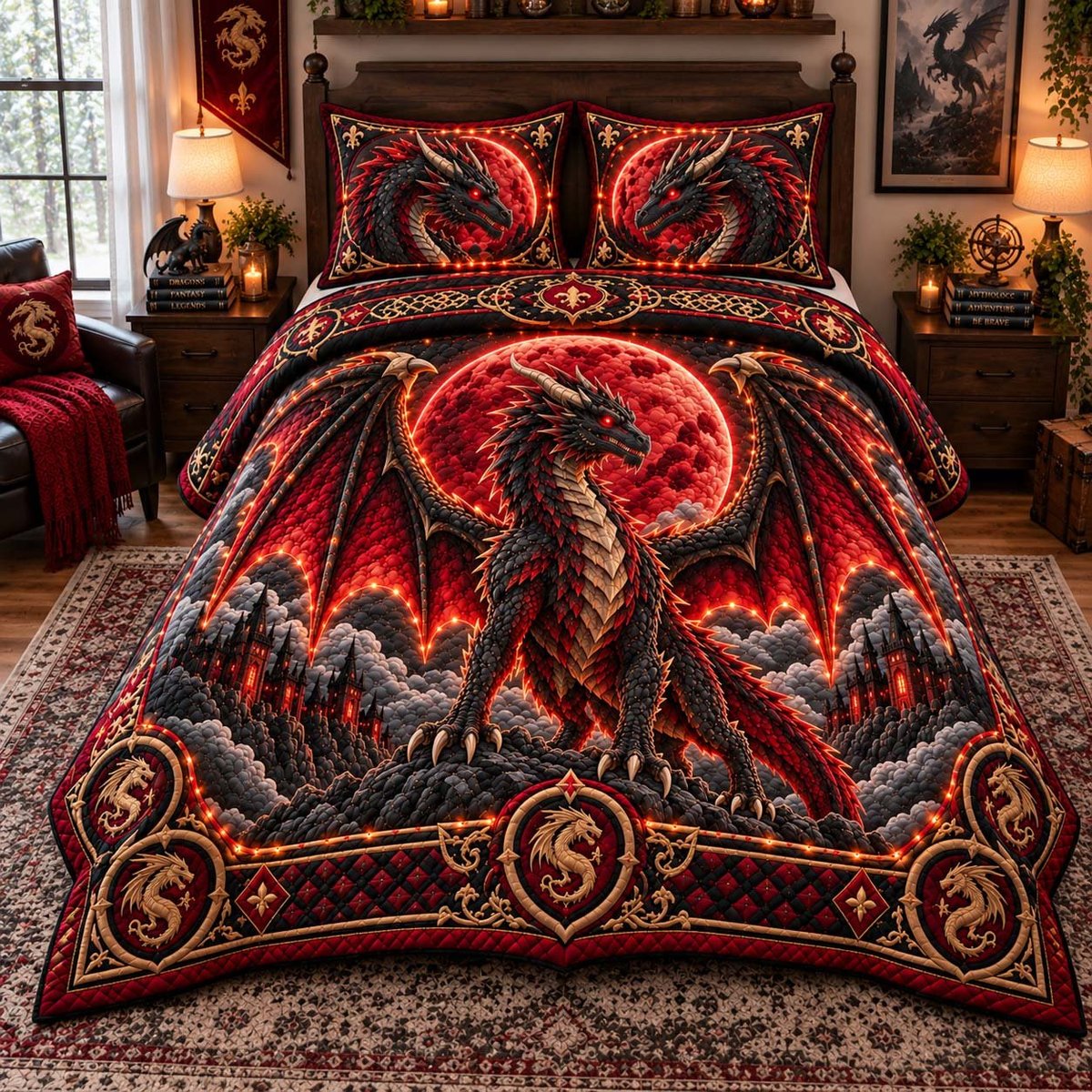 Blood Moon Dragon 3 Piece Quilted Bedding Set Gift For Fantasy Lovers