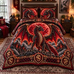 Blood Moon Dragon 3 Piece Quilted Bedding Set Gift For Fantasy Lovers