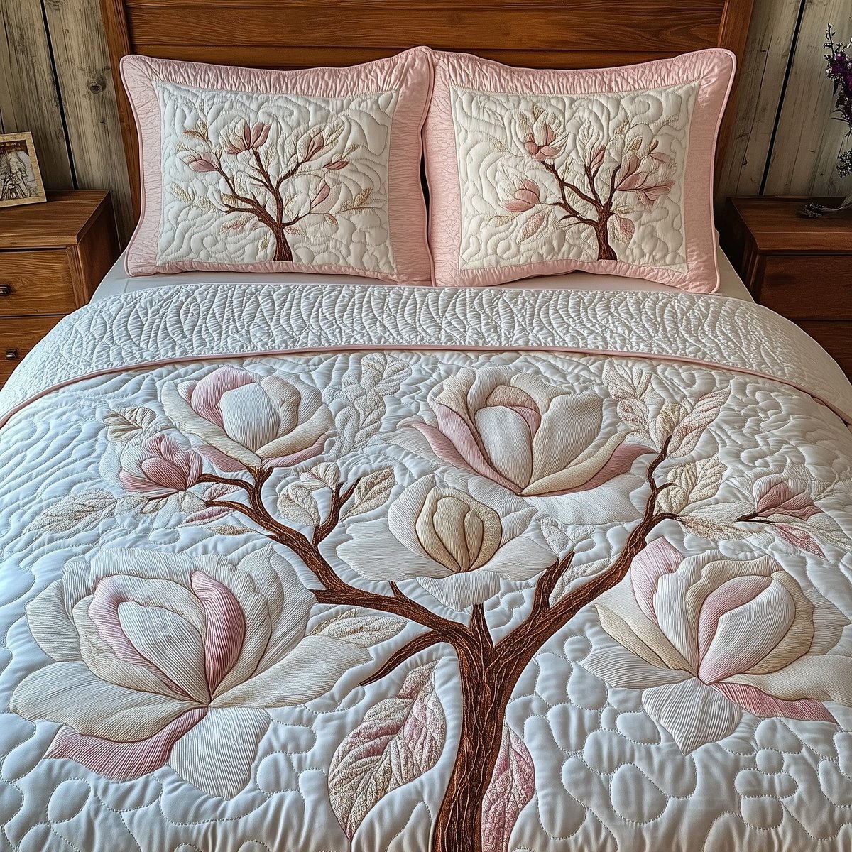 Magnolia Tranquil Charm 3 Piece Quilted Bedding Set Gift For Flower Lovers