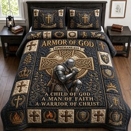 Armor of God Christian 3 Piece Quilted Bedding Set Gift For Christians