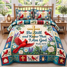 Cardinal Christian 3 Piece Quilted Bedding Set Gift For Bird Lovers