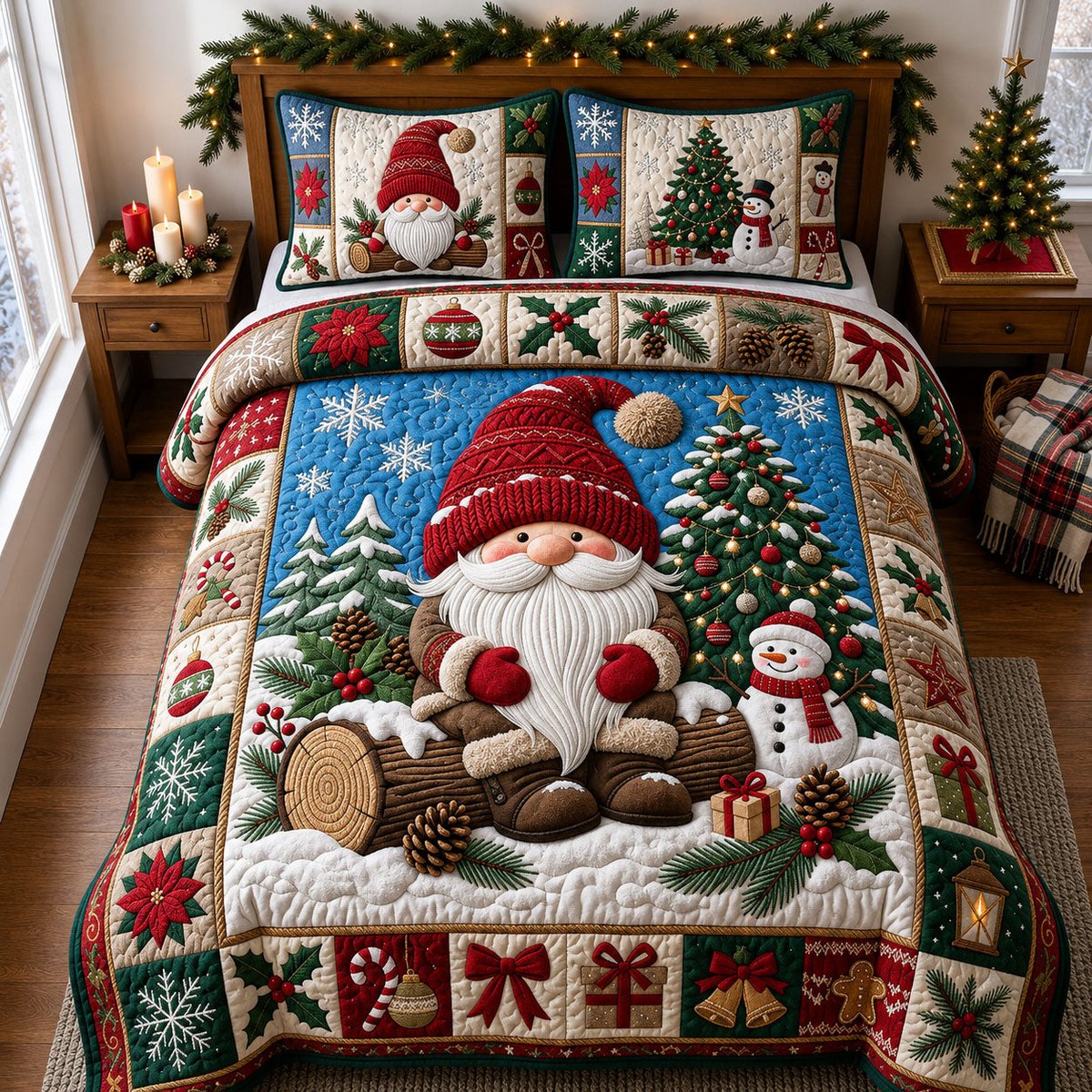 Festive Gnome 3 Piece Quilted Bedding Set Christmas Gift For Holiday Decor Lovers