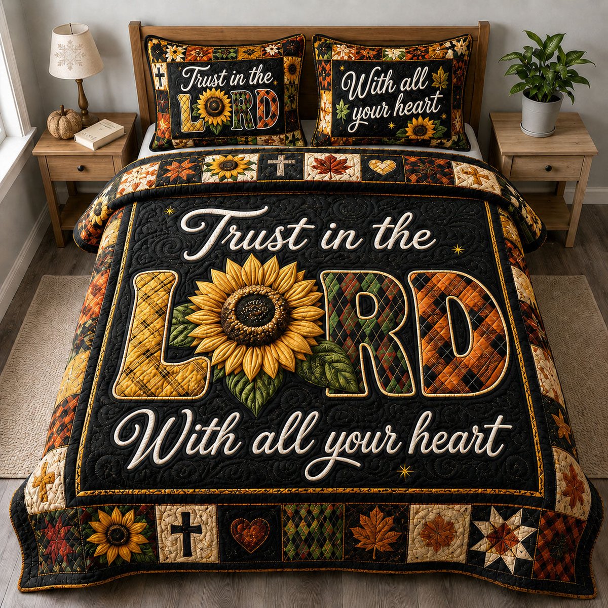 Trust in the Lord with All Your Heart 3 Piece Quilted Bedding Set Gift For Christians