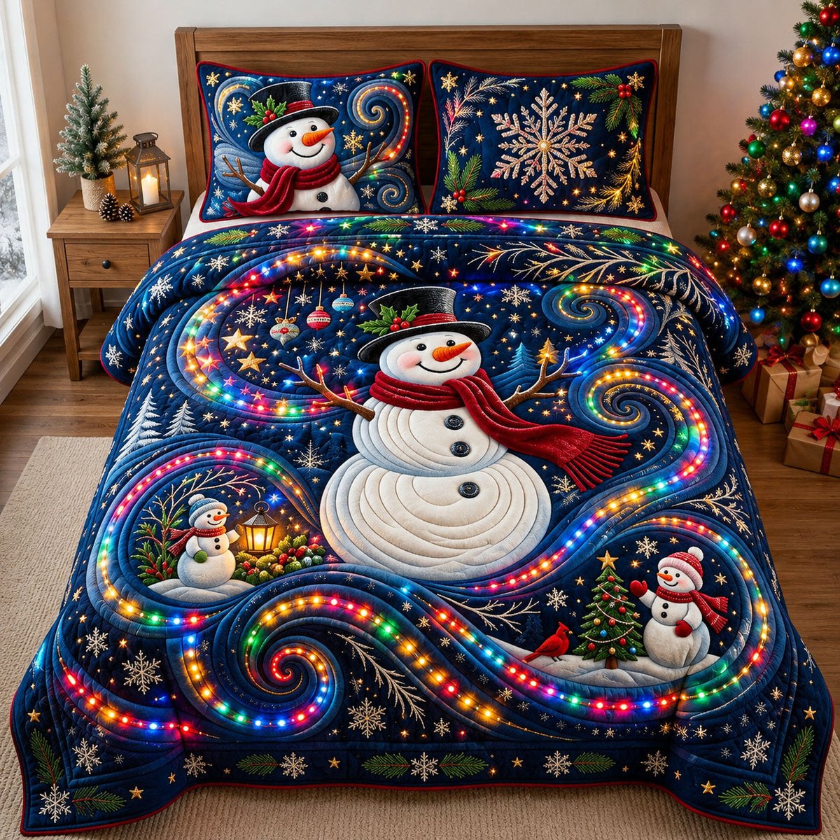 Sparkly Snowman 3 Piece Quilted Bedding Set Gift For Holiday Decor Lovers
