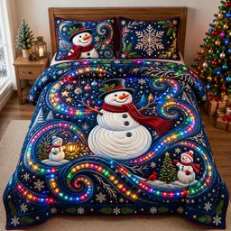 Sparkly Snowman 3 Piece Quilted Bedding Set Gift For Holiday Decor Lovers
