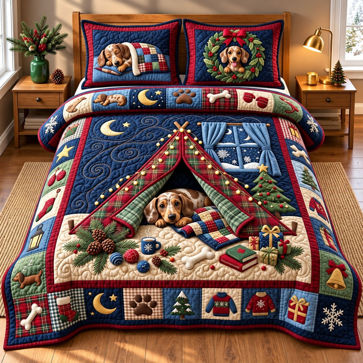 Lovely Weenie Dog 3 Piece Quilted Bedding Set Gift For Dog Lovers