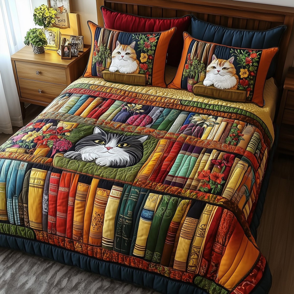 Vintage Cat Bookshelf 3 Piece Quilted Bedding Set Gift For Cat Lovers