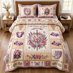 Floral Armor of God 3 Piece Quilted Bedding Set Gift For Christians