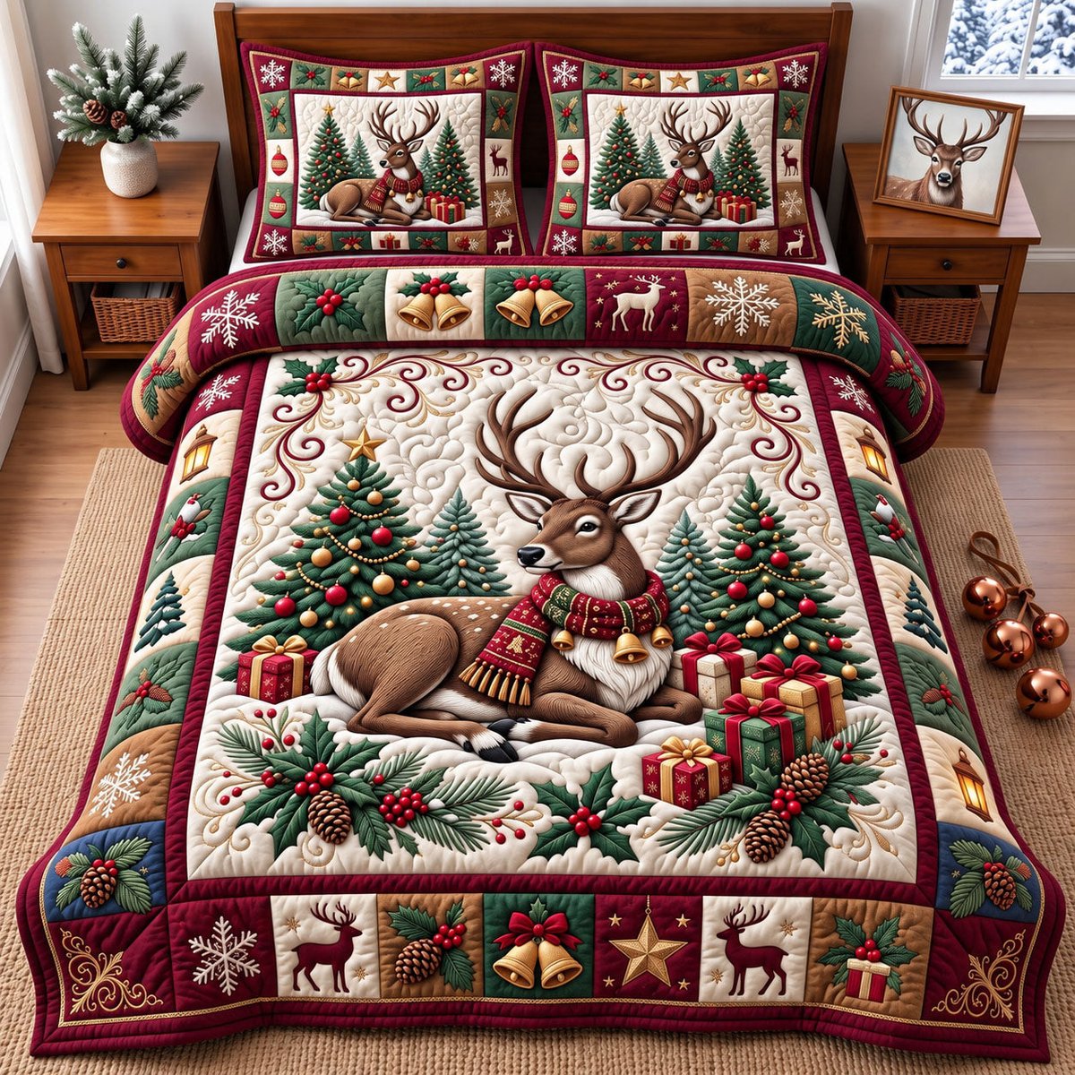 Reindeer 3 Piece Quilted Bedding Set Christmas Gift For Holiday Decor Lovers