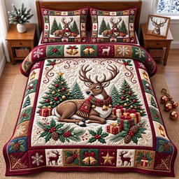 Reindeer 3 Piece Quilted Bedding Set Christmas Gift For Holiday Decor Lovers