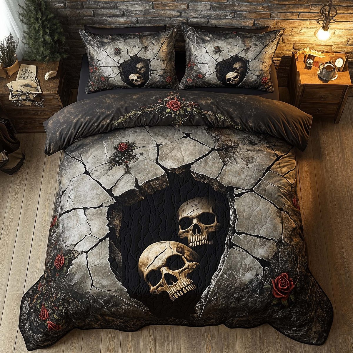 Romantic Gothic Skulls 3 Piece Quilted Bedding Set Gift For Gothic Decor Lovers