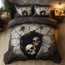 Romantic Gothic Skulls 3 Piece Quilted Bedding Set Gift For Gothic Decor Lovers