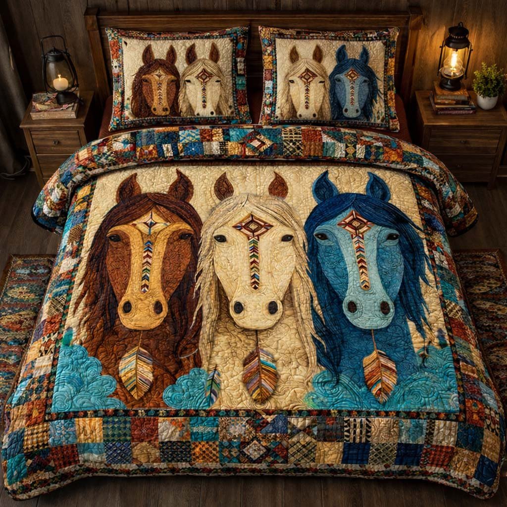 Sacred Three Horses 3 Piece Quilted Bedding Set Gift For Horse Lovers